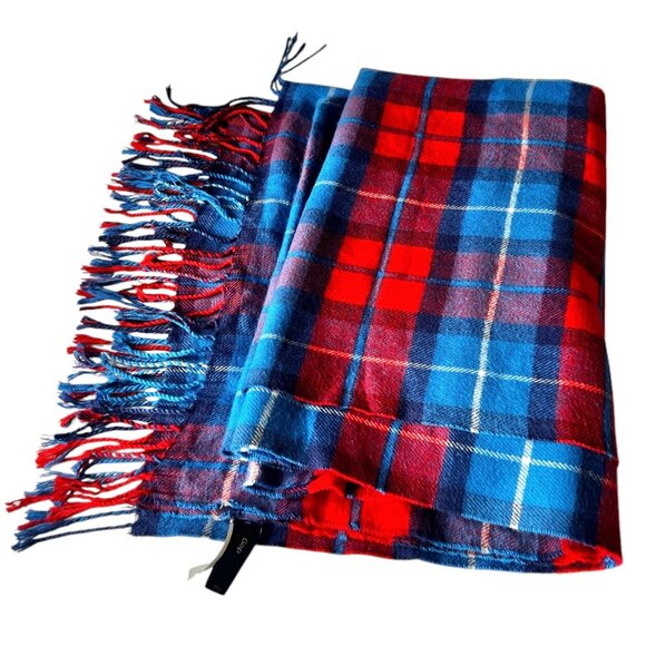 Plaid Fringe Flannel Scarf Wrap Red & Blue 85" X 26.5" Soft Acrylic By Gap - Picture 1 of 11